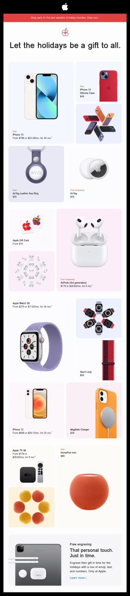 Apple newsletter email iPhones silicon cases leather key rings air tags gift cards air pods and Apple watches to safe chargers Christmas gifts assorted collection