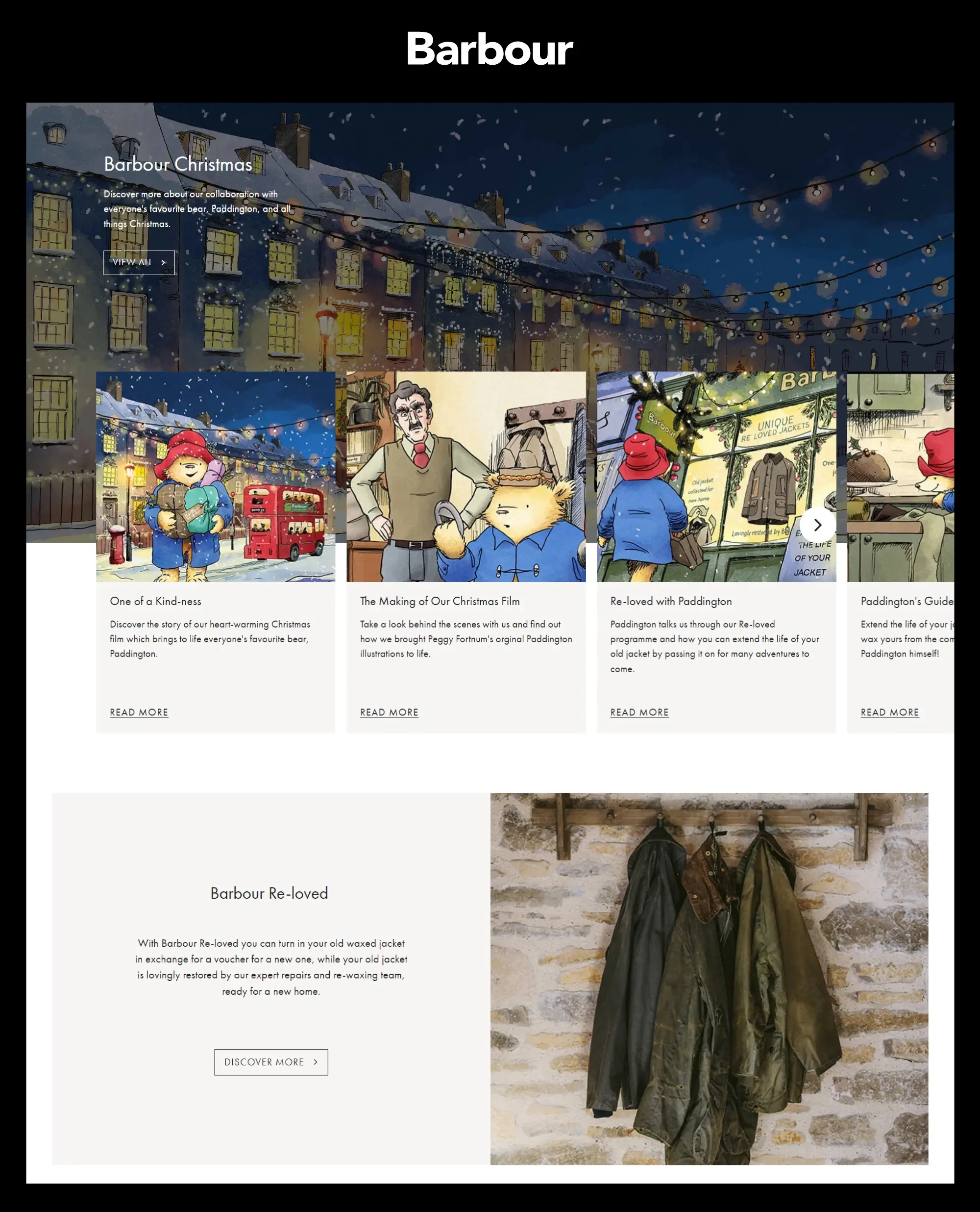 Barbour Paddington with mr. curry cartoon illustrations banners on homepage website optimization promotion of Christmas advert 3 Barbour jackets hung on a railing Reloved program 