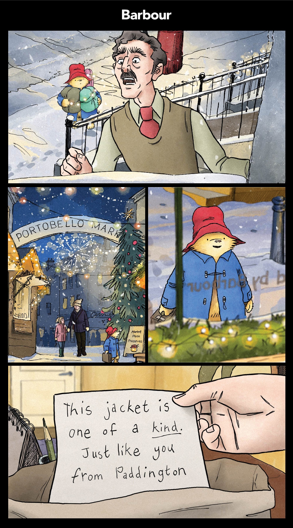 Barbour Christmas advert 2022 stills from YouTube video Paddington in a red hat blue duffel coat and tattered brief case mr. curry with a shocked face snowy town landscape of portobello mark Christmas note with a heartwarming message blog post