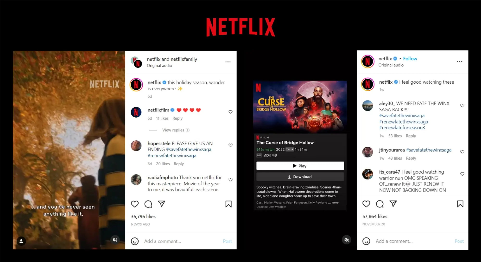 Netflix Instagram reels for holiday season marketing the curse of bridge hollow a group of wizards with a moon in the backdrop and pumpkin with a carved face video compilation 