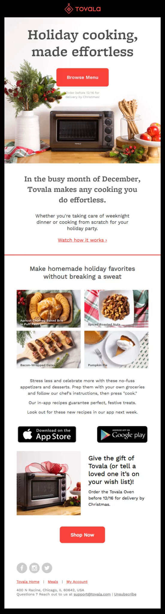 Tovala email newsletter tabletop smart Wi-Fi connected oven flower vases glass jar and apples on a platter different holiday favourite desserts pumpkin pie bacon wrapped dates spice roasted nuts baked brie puff pastry 