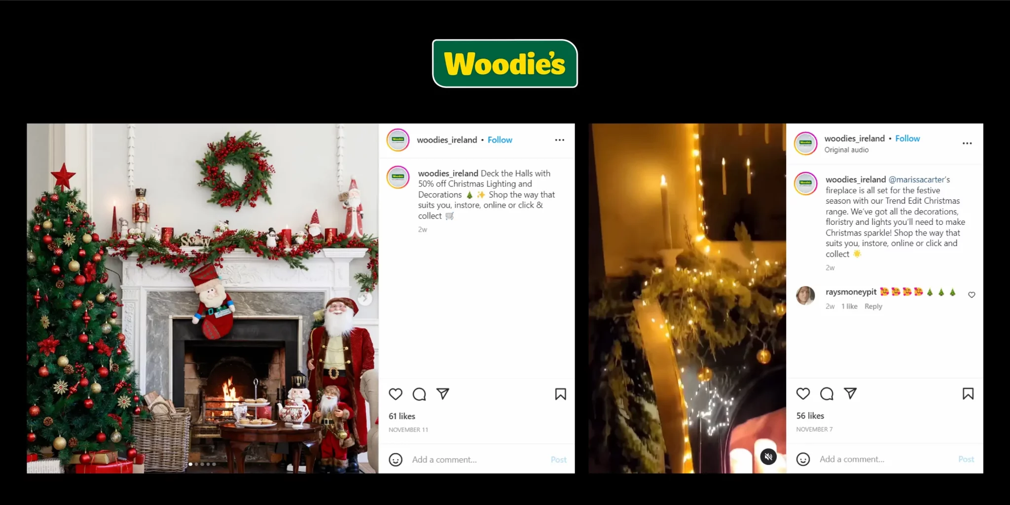 Christmas tree with ornaments fireplace with green and red wreaths and floristry mantel with Santa Claus figurines baskets gifts Instagram reels Christmas lights 
