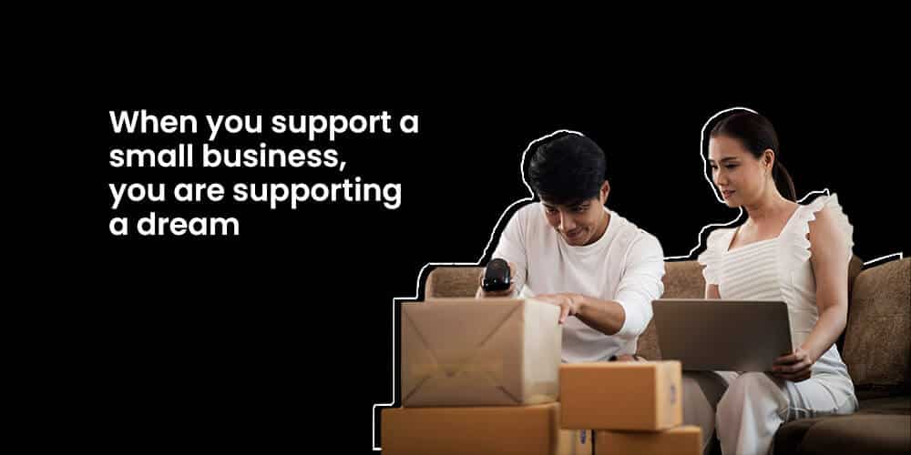 man woman packing brown cardboard boxes using laptop for small business saturday orders dispatch