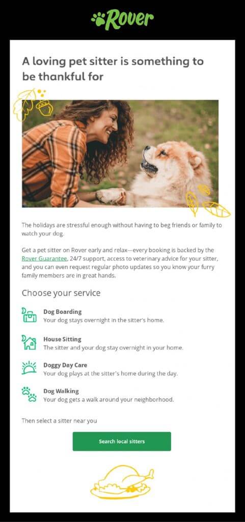 Rover email newsletter showing a curly haired woman with a fluffy dog highlighting dog sitter services marketing campaign for thanksgiving sales