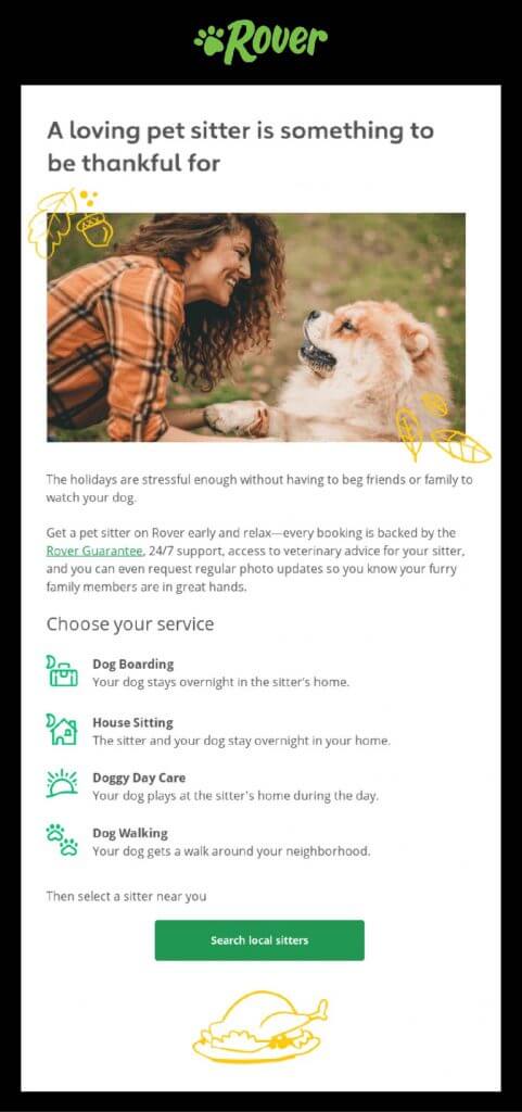 Rover email newsletter showing a curly haired woman with a fluffy dog highlighting dog sitter services marketing campaign for thanksgiving sales 