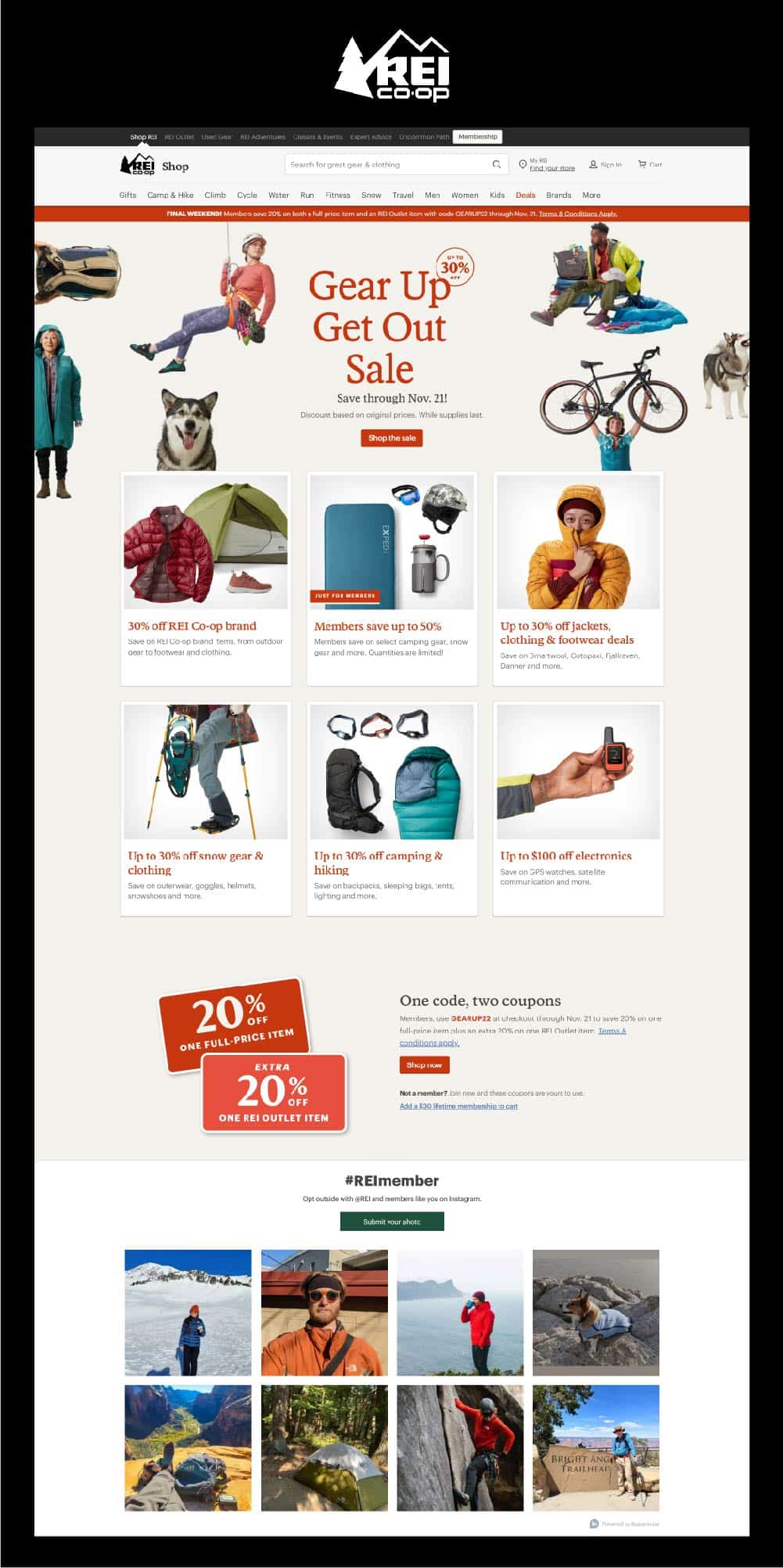 REI web banner ads displaying big sale offers coupon code with clearcut cta buttons user generated photos for social media marketing