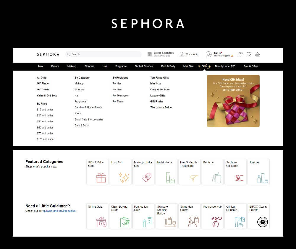 Sephora gifts catalog on website header featured categories gifting quiz clean buying guides for shoppers holiday season marketing