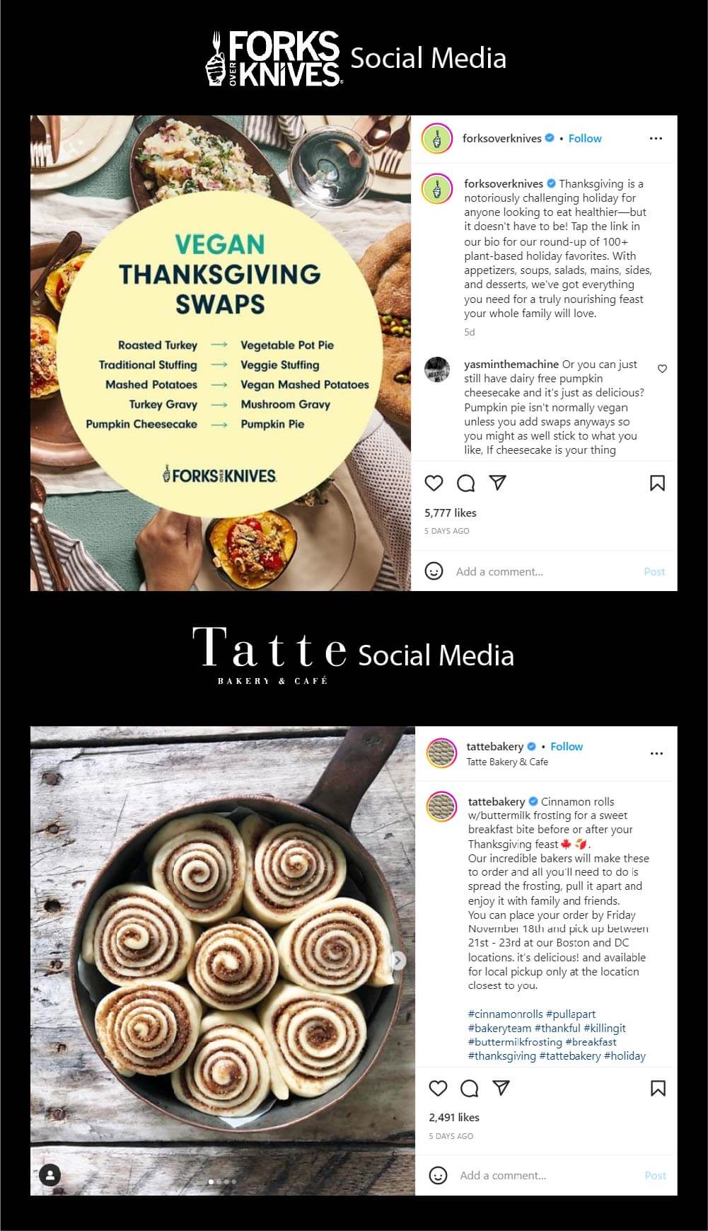 Instagram posts social media marketing vegan thanksgiving swaps cinnamon rolls
