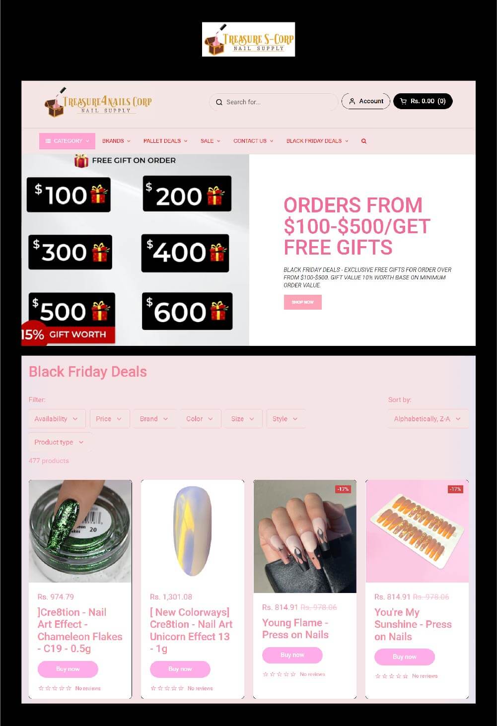 Treasure4nails free gift on orders minmum spend reward black friday sale offers landing page nails supplies gel extensions