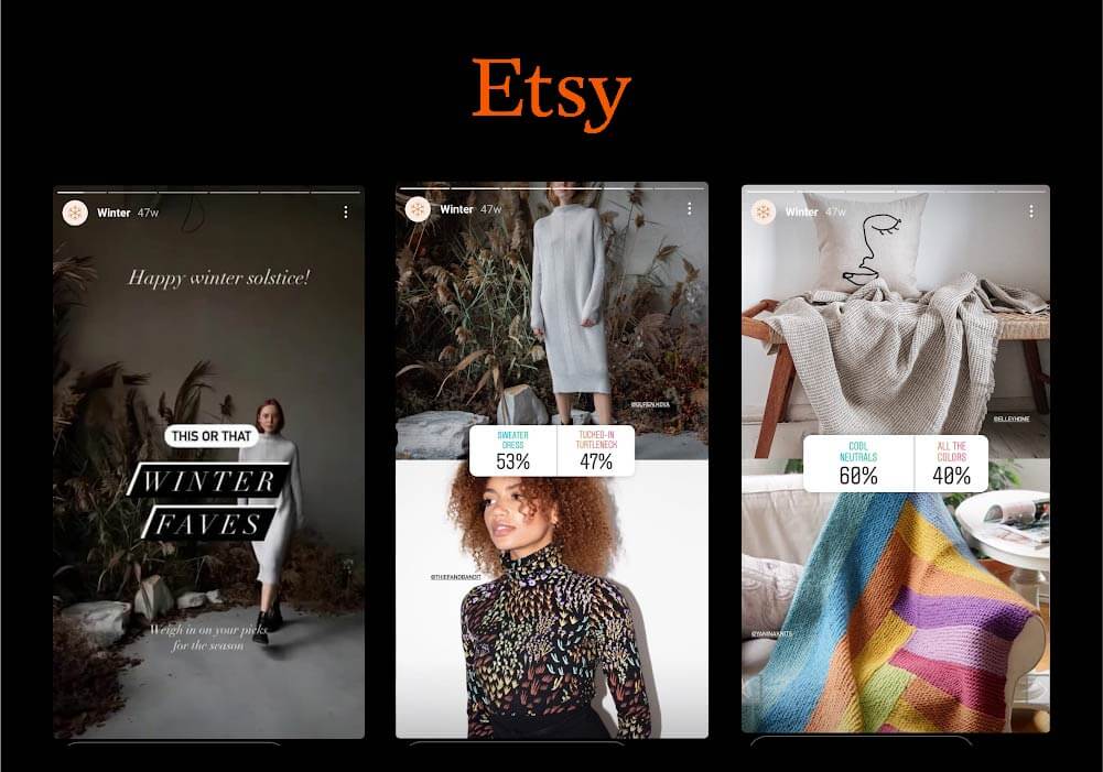 Etsy Instagram marketing story polls winter collection showing models wearing full-sleeved clothing throw blankets upselling cross selling bundling