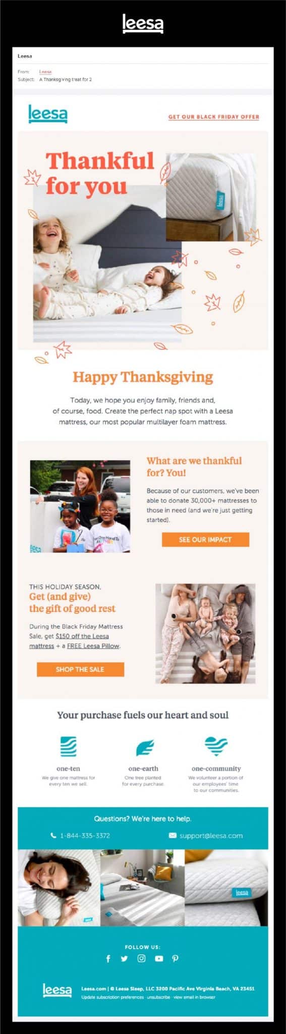 Leesa email newsletter showing two little girls playful on a comfortable mattress black firday sale for holiday season family laying peacefully happy thanksgiving donation