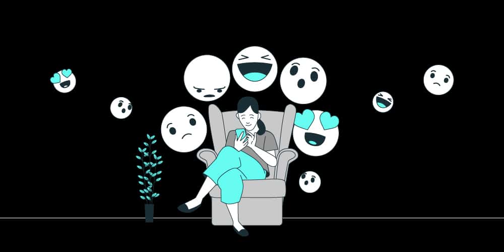 A girl sitting on a sofa looking at her phone and different emoticons float around her